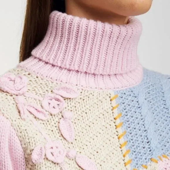 LoveShackFancy Allan Patchwork Turtleneck Sweater Pullover Size M in Autumn Fest
